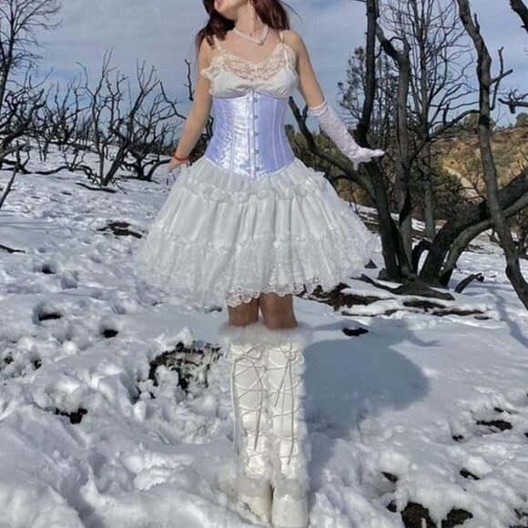 🆕Womens White Synthetic Mid Calf Lace Up Chunky High Heel Warm Fur Snow Boots - Picture 6 of 11